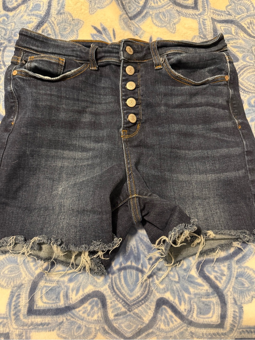 JUDY BLUE Dark Wash Frayed Hem button fly Women’s Denim cutoff Shorts size XL